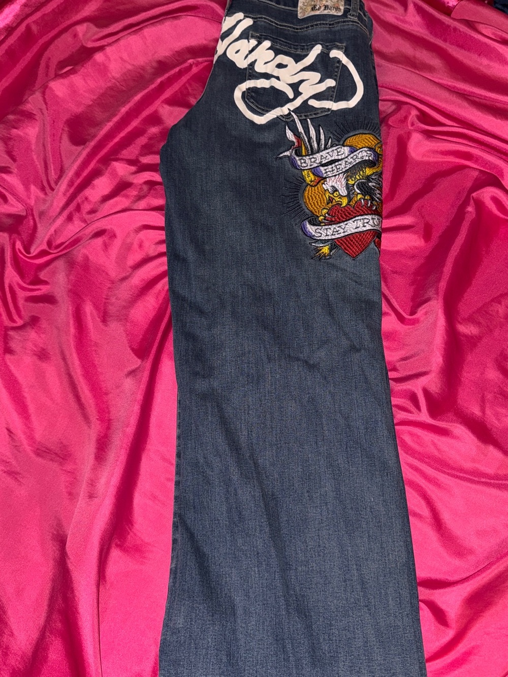 Ed Hardy Blue Bootcut Jeans with Colorful Embroidered Heart Graphic